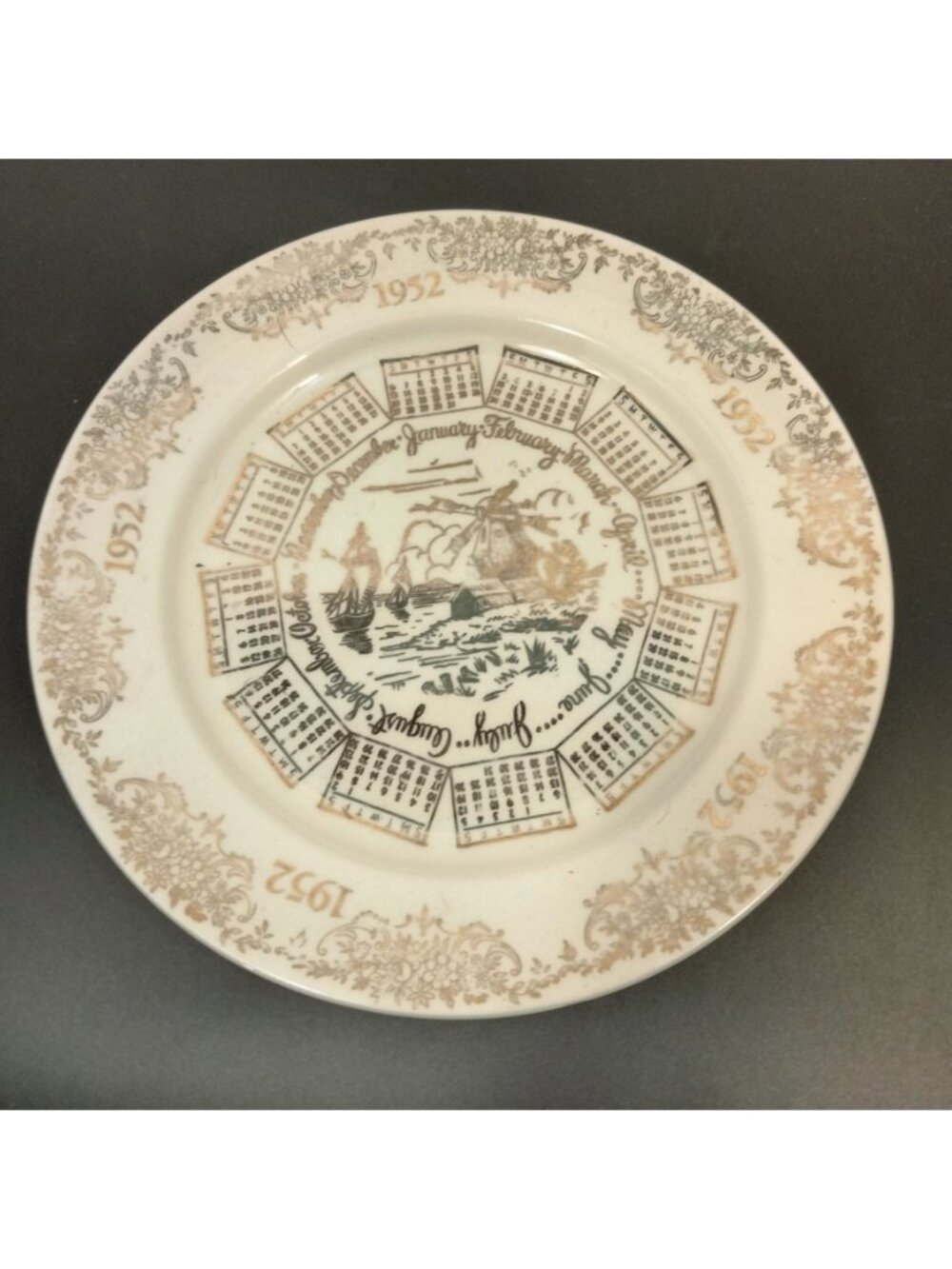 1952 Calendar Plate Cream Gold Metallic Floral Pattern Vintage Windmill 10 in